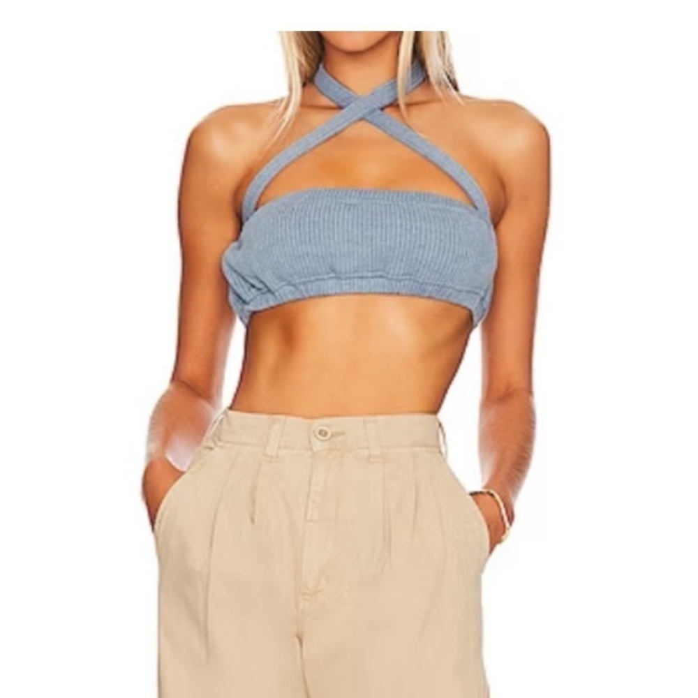 We Wore What Tie Halter Bra Crop Top Storm Blue Ribbed Women's Size Small